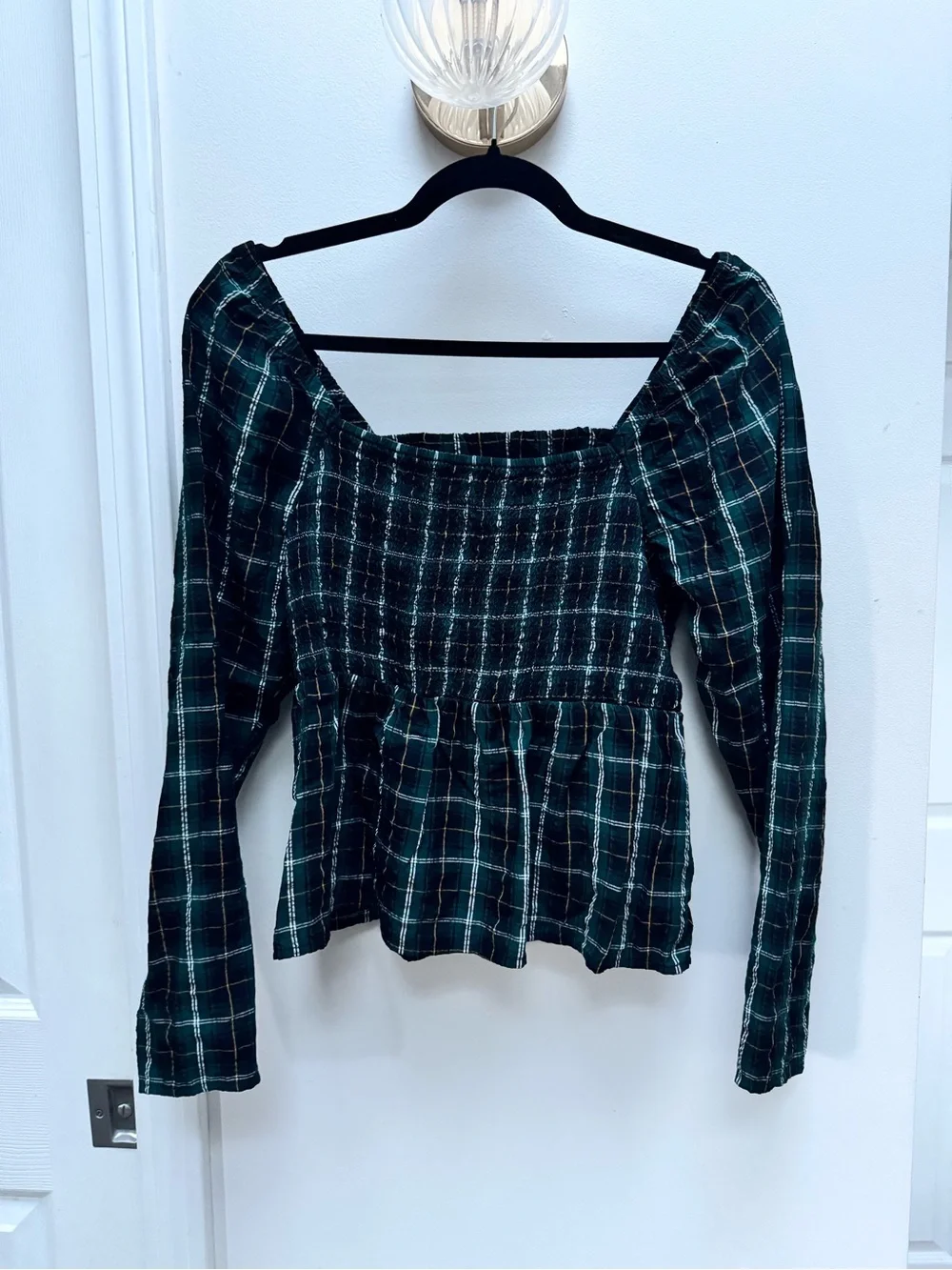 Old Navy Green Plaid Smocked Long-Sleeve Peplum Top